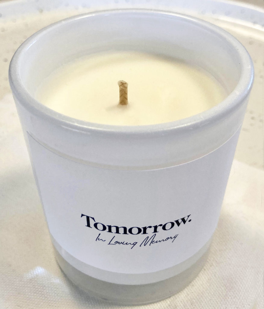 White glass jar, scented memorial candle by Tomorrow Funerals